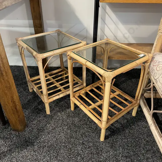 Pair of Small Cane Glass Topped Occasional Tables