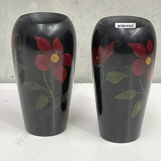 Pair Hand Painted Wooden Pokerwork Vases. H19cm