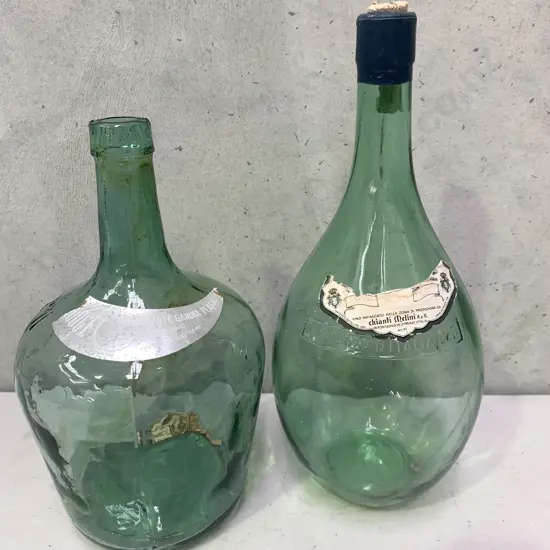 Vintage Green Glass Italian Liquor Bottles, 1 x Vino D Italia H32cm, 1 x Vicente Gandia Plasa H27cm