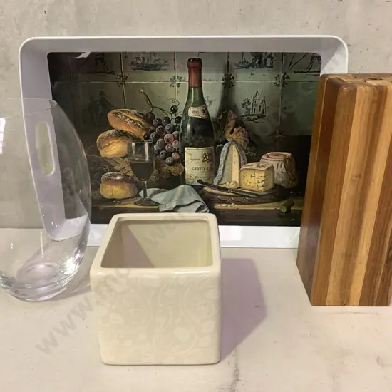 Peter Sorensen Rimu Knife Block, Ashdene Tray, Glass vase & Square Planter