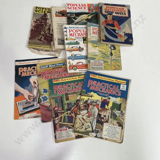 Assortment of Vintage Practical Mechanics Magazines with Popular Mechanics and Popular Science Manuals