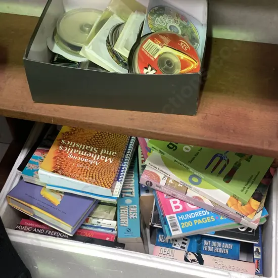 Box lot of Books including Dean Koontz, non-fiction with Box of assorted DVD's etc