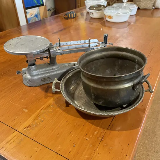 Antique Welch Scales with two vintage Brass items
