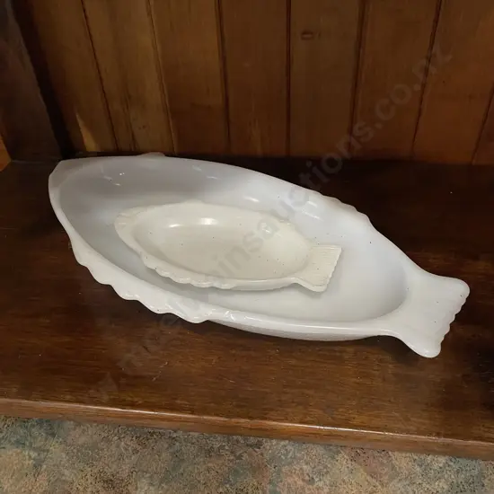 Glasbake milk glass large Fish Platter with Fish side plate