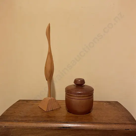 Mid Century Carved Heron with Lidded Wooden Canister