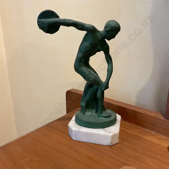 Marble Base Green Painted Lead Discobolus by Myron Sculpture H18.5cm