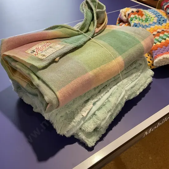 Vintage Mosgiel Wool Blanket with teal faux mink blanket