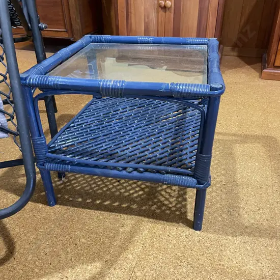Blue Painted Cane Table with Glass Top. H39cm Top 44 x 44cm