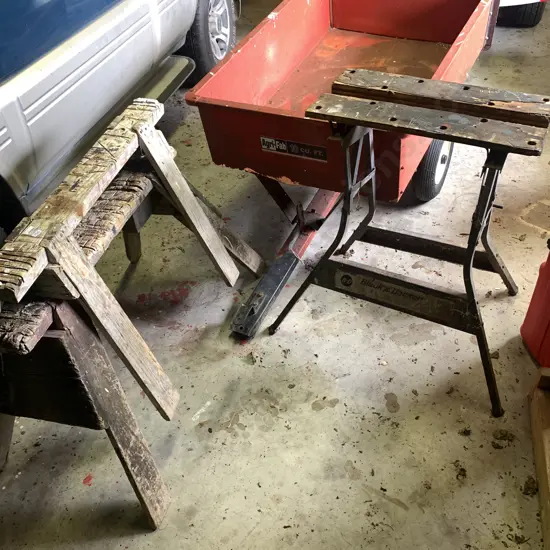 Pair of Wooden Saw Horses with foldable Black and Decker Work bench
