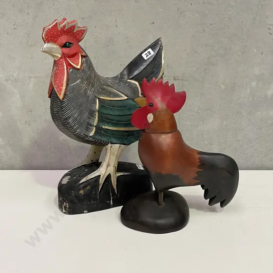 2 Wooden Roosters, H39 and H28cm