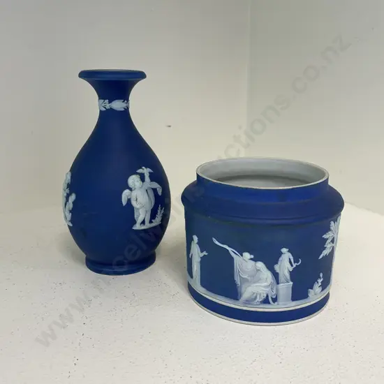 Early Wedgwood Dark Blue Jasperware Vase and Cannister