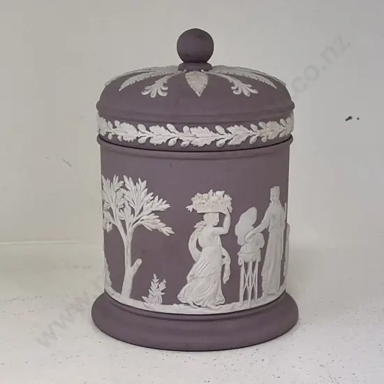 Wedgwood Jasperware Mauve coloured Lidded Cannister. H11.5cm