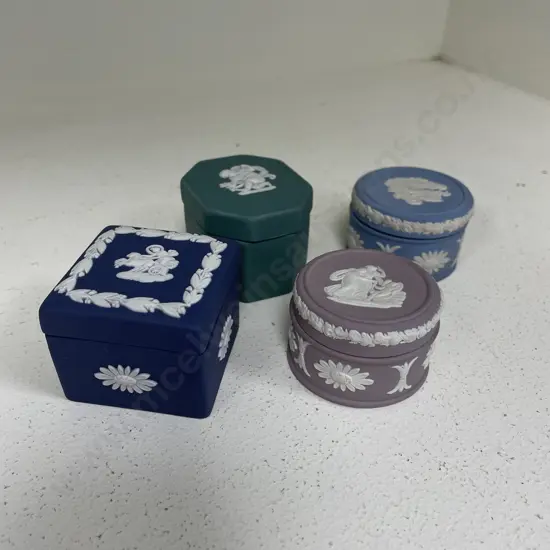 Wedgwood Jasperware Miniature lidded boxes: Spruce Green, Portland Blue, Pale Blue and Mauve colours