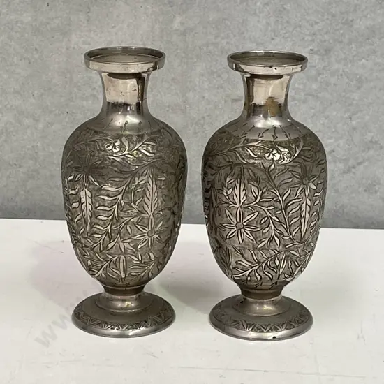 Pair of Indian Silver Vases with etched floral decoration. H13cm