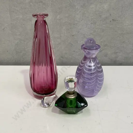 Three Vintage Glass Perfume Bottles including Signed Lynden Over (af to finial)