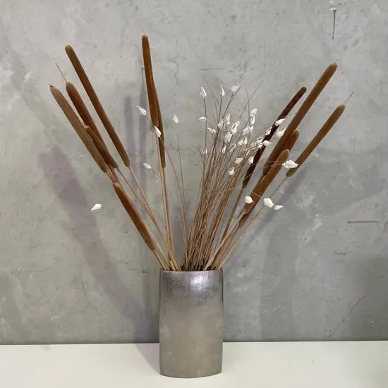Silver Painted Metal Vase with Faux Reeds and shell tipped grasses