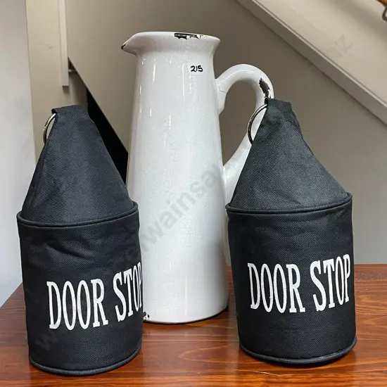 Pair of Weighted Door Stops with crackle glazed Jug (af to handle) 