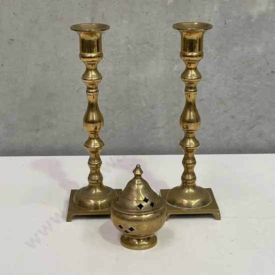 Pair of Brass Candlesticks with incense Pots