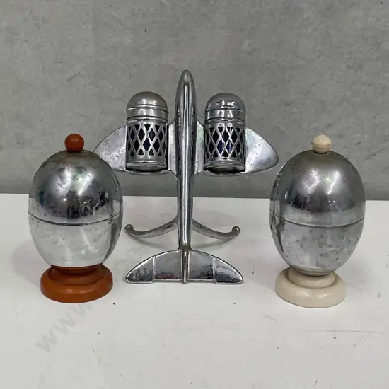 Pair of Heatmaster Egg Coddlers with Aeroplane Salt and Pepper set
