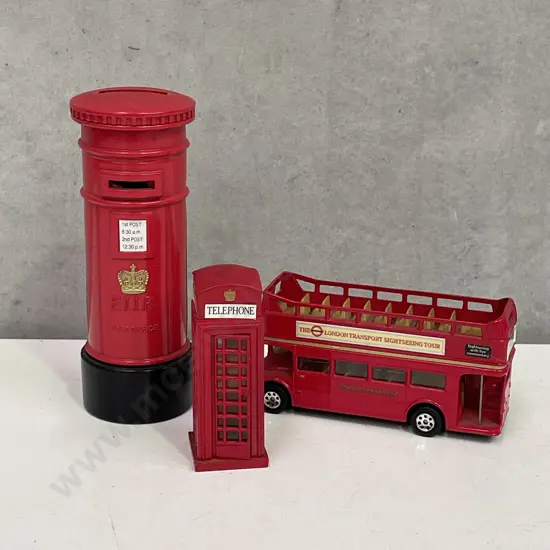 UK English London Bus, Telephone Box and Post Office Money Box