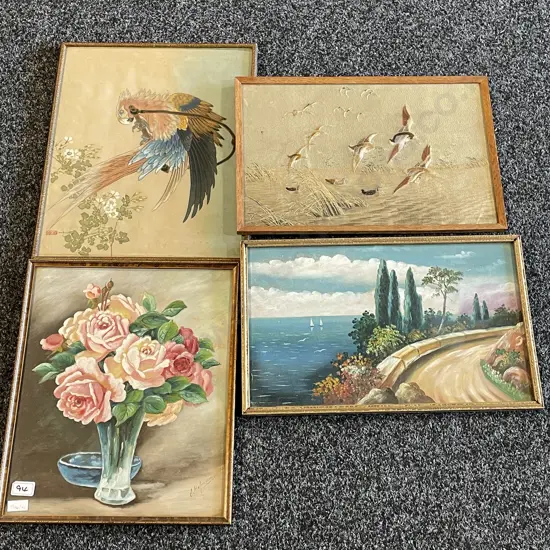 Four Vintage Framed Artworks including Needlework and Silk Painting