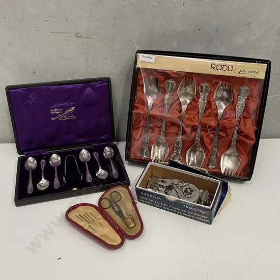 Assorted Silverware with boxed sewing set and zigzig sewing accessory