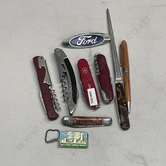 Assorted Pocket Knives, Ford Badge, Tortoise shell letter opener etc