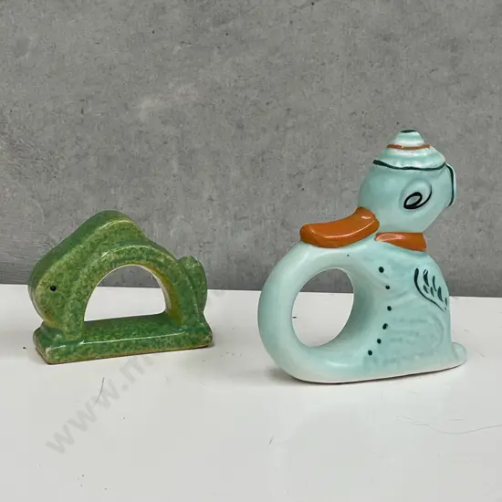 2  x Vintage Handpainted Serviette Rings: English made Duck in Hat and Mottled Rabbit