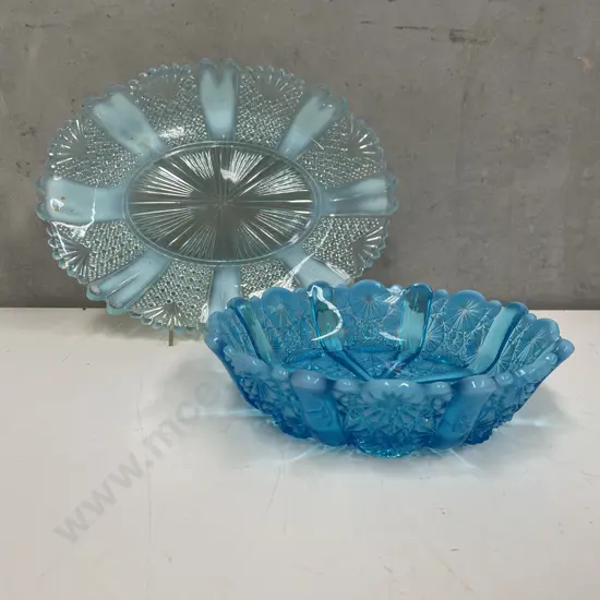 Vintage Teal Glass Platter and Bowl