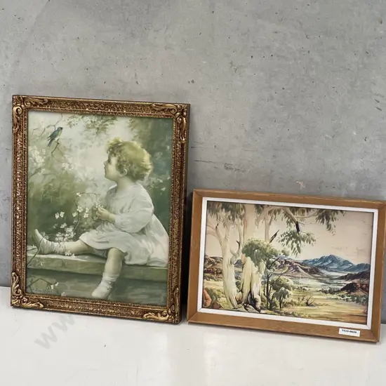 Two vintage Artworks.  Gilded framed Zula Kenyon Print with Albert Namatjira Print of Australian Landscape