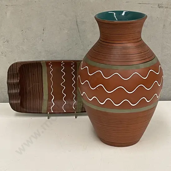 Mid Century Austrian Art Pottery Vase H26cm with matching dish