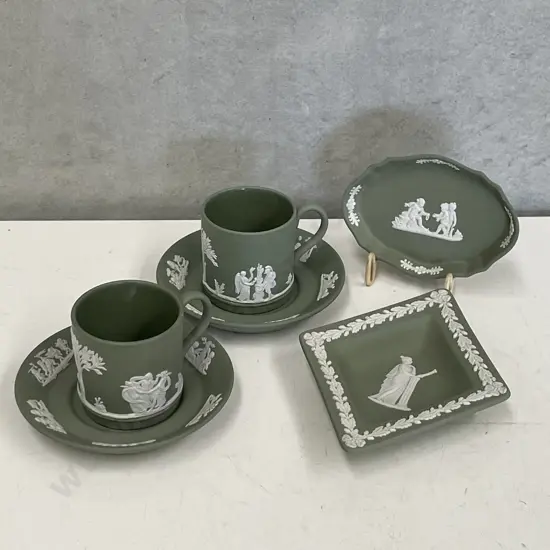 Wedgwood Green Jasperware demitasse duos x 2 with two dishes