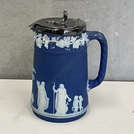 Antique Wedgwood Dark Blue Jasperware Silverplate lidded Jug. H15cm