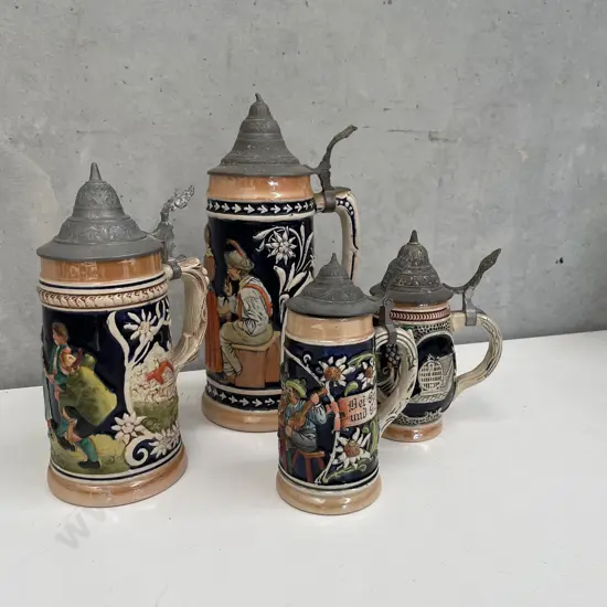 Vintage Assorted German Pottery Steins. Handpainted and relief decoration. Highest 27cm