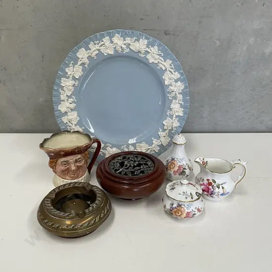 Crown Derby Collectables with Wedgwood Plate, brass ashtray etc