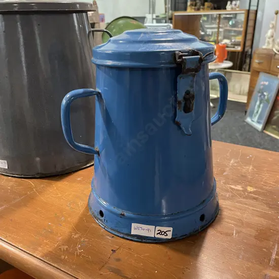 Vintage Lidded Blue Painted 2 Handled Enamel Pot, H26 Dia20cm