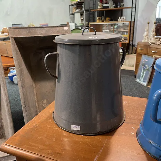 Vintage Lidded Grey Painted 2 Handled Enamel Pot, H32 Dia20cm