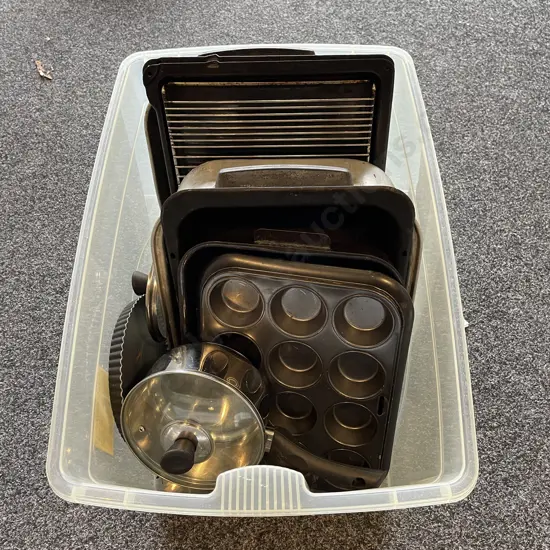 Large Plastic Bin of Ovenware and Non-stick ovenware