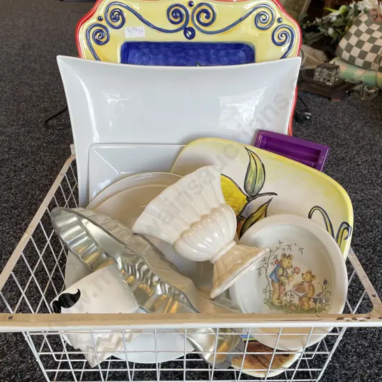 Wire Basket with Assorted Ceramics etc
