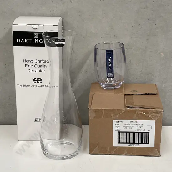As New Boxed Dartington Decanter with Set of 4 Strahl Glasses
