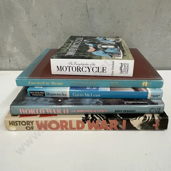 Assorted Books: War, Motorcyles, Steam train, Shipwrecks