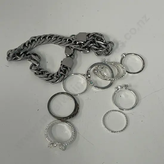 Assorted Silver Rings with Silver Link bracelet - one sterling ring with diamantes