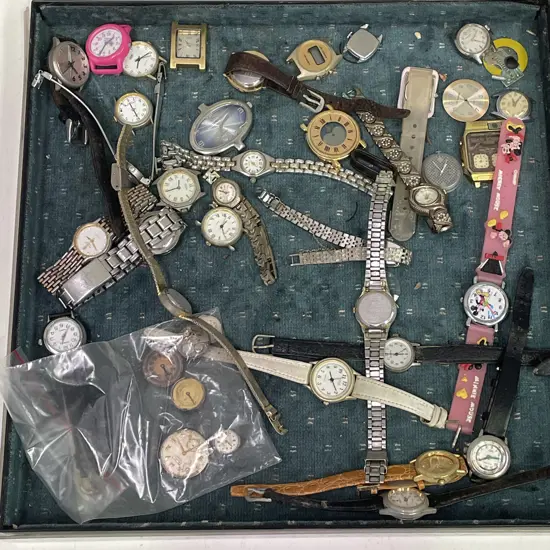 Tray with large Selection of Vintage Watches, watch faces etc
