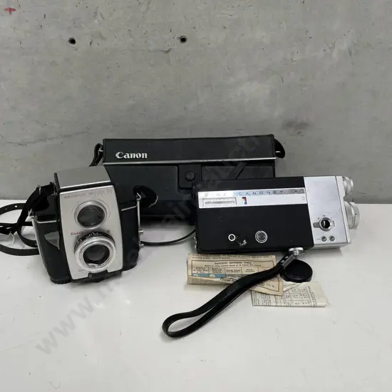 Vintage Canon Cine Canonet 8 Camera in Case with Manual. With Vintage Brownie Reflex 20 Camera