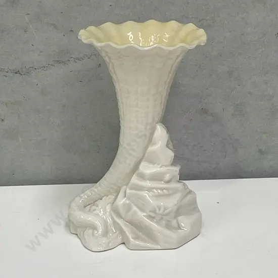 Belleek Green Mark Rock Cornucopia Vase. H13.5cm