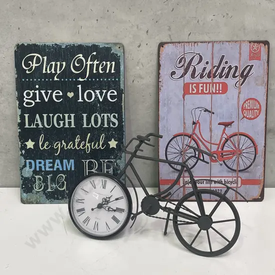 Paris Clock Metal Bike Ornament with two metal Signs