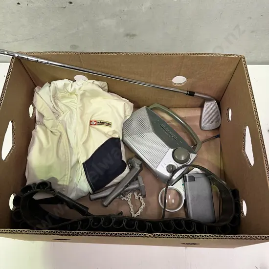 Box of Assorted: Leather Ammunition belt, Jacket, Golfing Iron, Power Bank etc