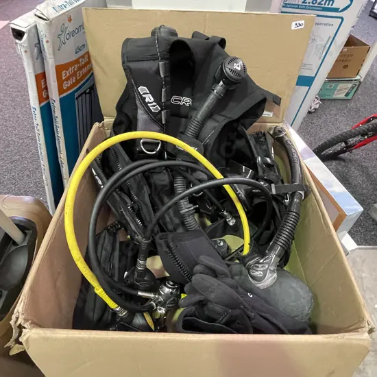 Box of BCD with Weighted Dive Vest, Gloves, Watch (af), Boots, mask etc. Size 'M'