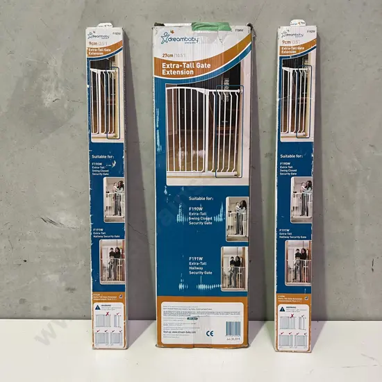 3 x Boxed Dreambaby Extra-Tall Swing Security Gate Extensions White. F194W and 2 x F192W2 x 9cm, 1 x 27cm.