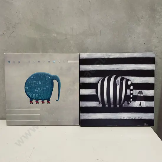 Canvas Artworks by Cribb x 2. Stylised Elephants. 50 x 51cm